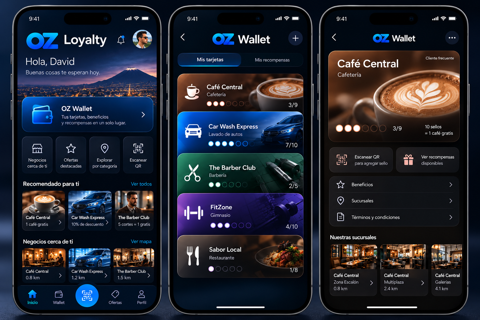 Pantallas de la app OZ Loyalty: inicio, OZ Wallet con tarjetas de sellos y detalle de un negocio